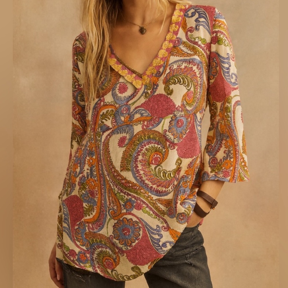 Vintage Paisley Pink Bell Sleeve V-Neck Babydoll Blouse Size Large